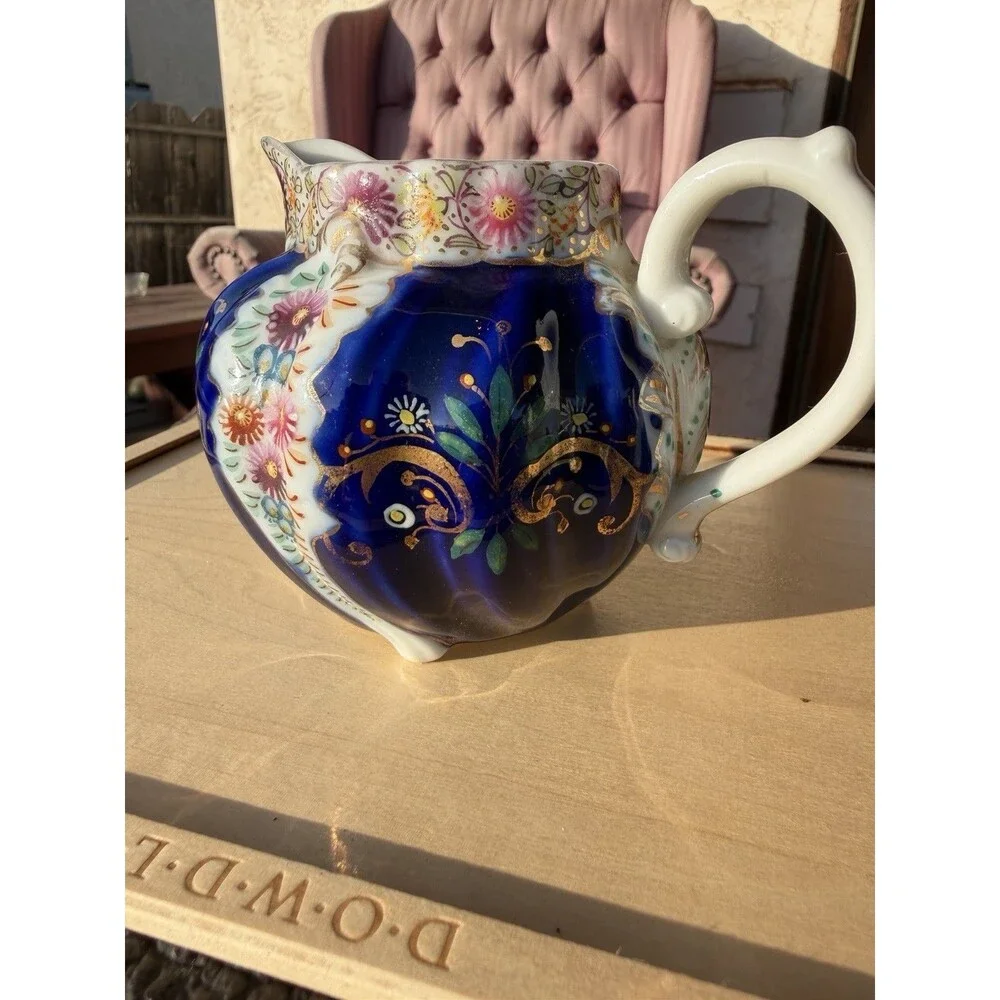 19Th Century Cobalt, Blue Porcelain Creamer With Floral Enamel And Gold
